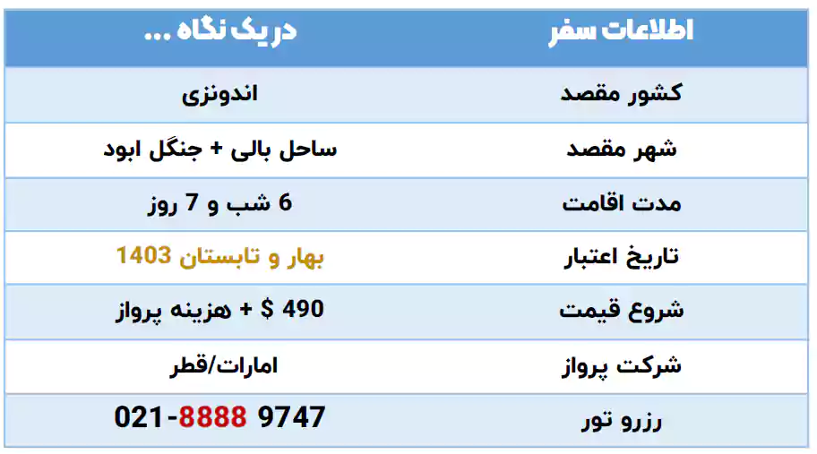 اطلاعات تور بالی 6 شب اردیبهشت 1403