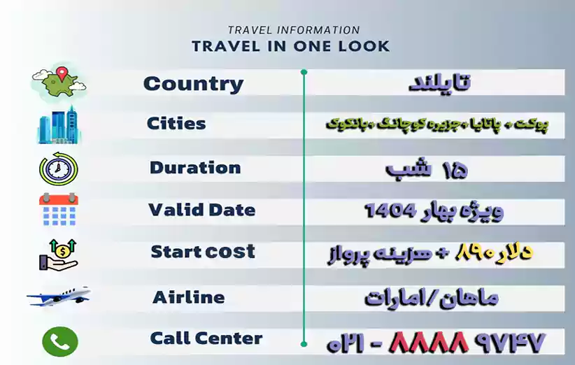 اطلاعات تور تایلند 15 روزه پوکت پاتایا جزیره کوچانگ بانکوک بهار 1404 در یک نگاه